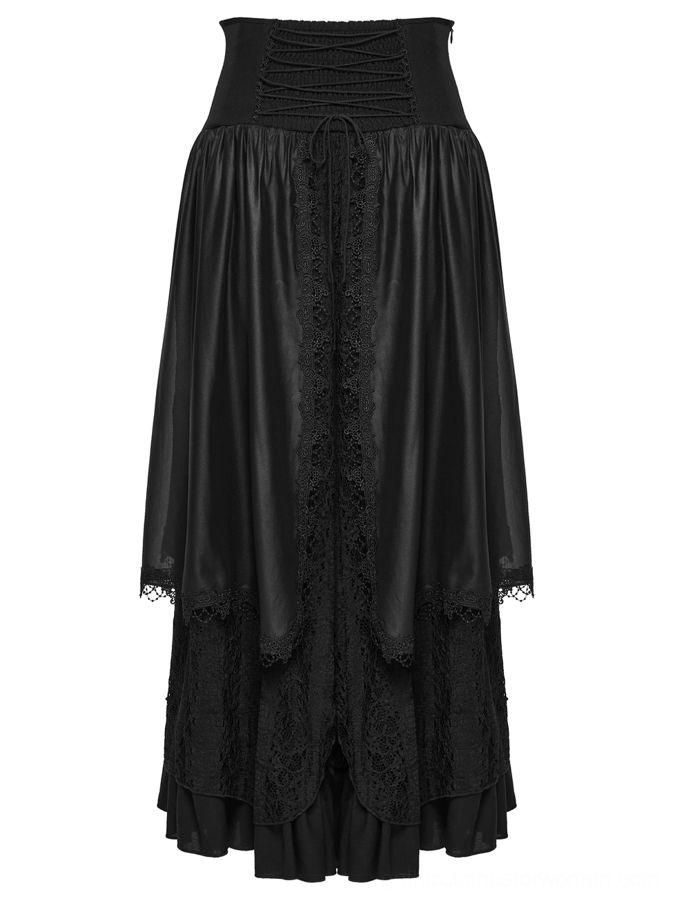 Black gothic maxi skirt front view flat display with solid corset waist and satin fabric panels