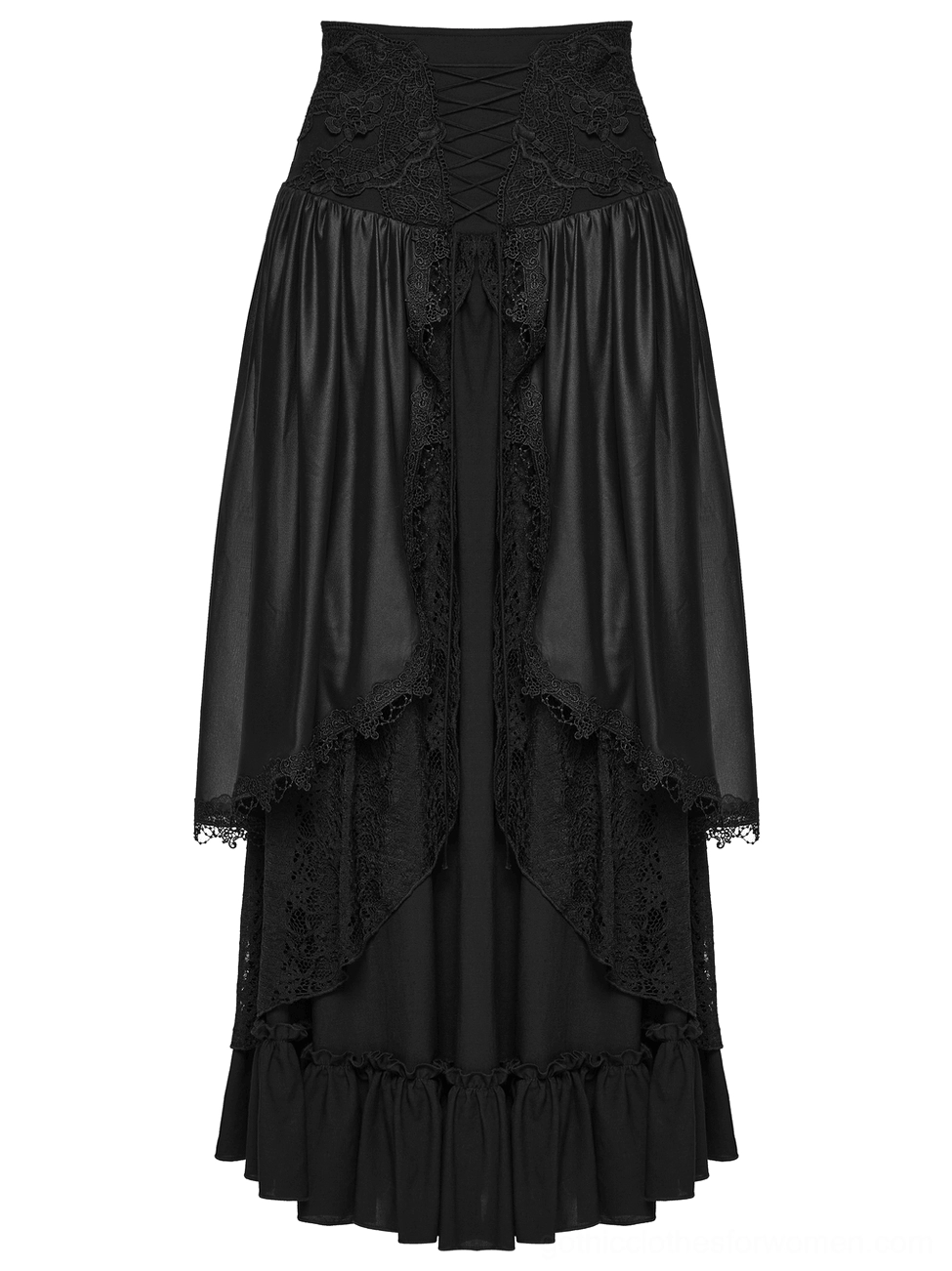 Black gothic maxi skirt flat display front view with ruffled layered hem and crisscross waist detail