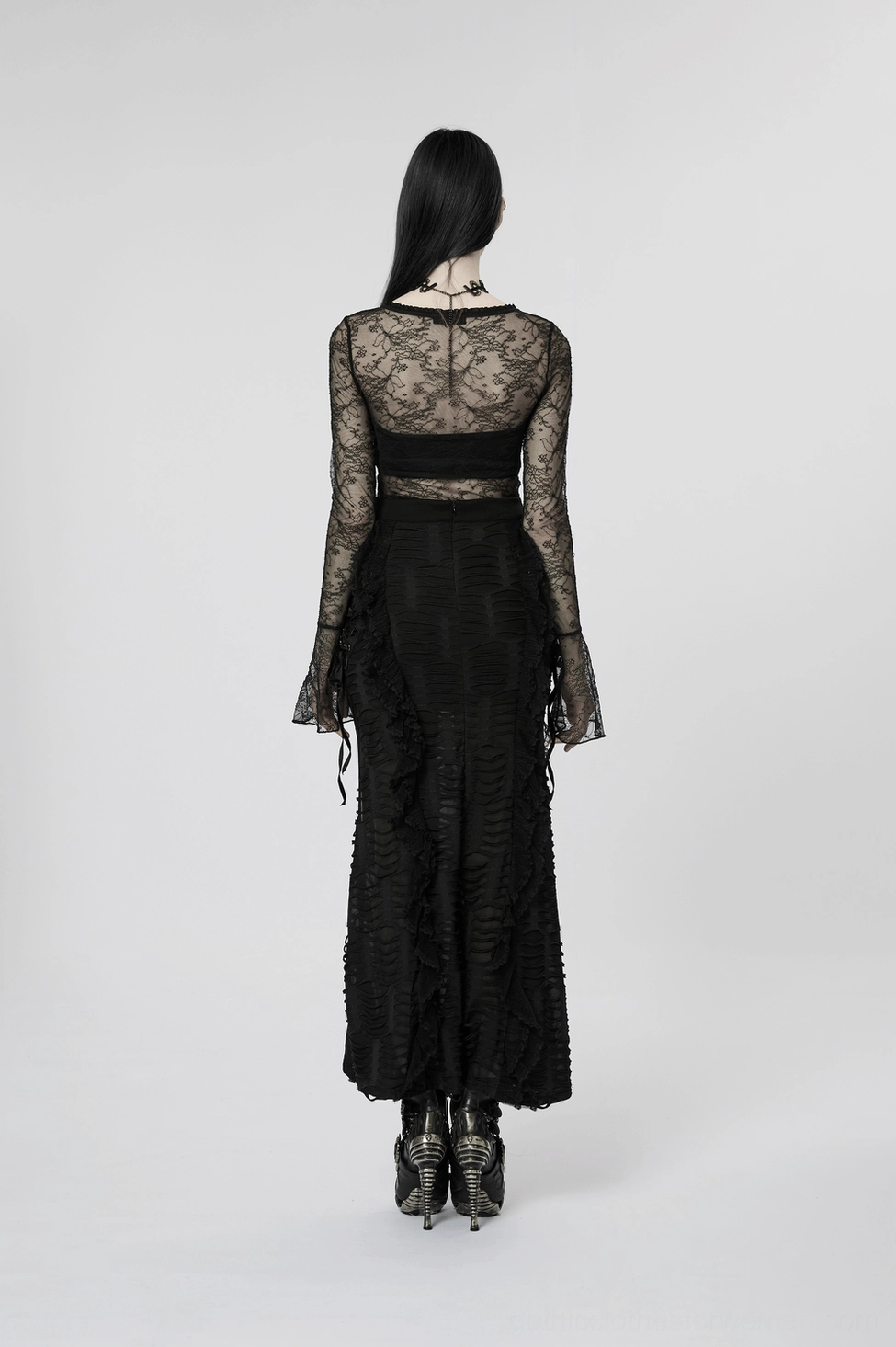 Black gothic maxi skirt alternative angle showcasing decorative details and overall gothic aesthetic