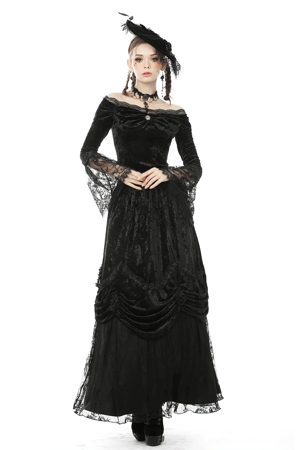 Black gothic maxi skirt with drawstring waist and floor-length ruched lace silhouette