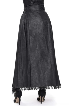 Victorian black maxi skirt with embossed lace and tassel hem, back view showing ornate waistband and cascading chain accents