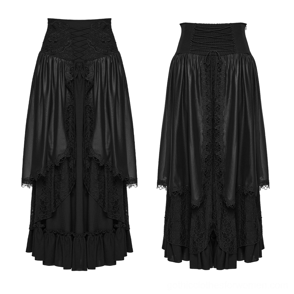 Black gothic high waist maxi skirt flat lay front view with lace-up overlay and sheer satin panels