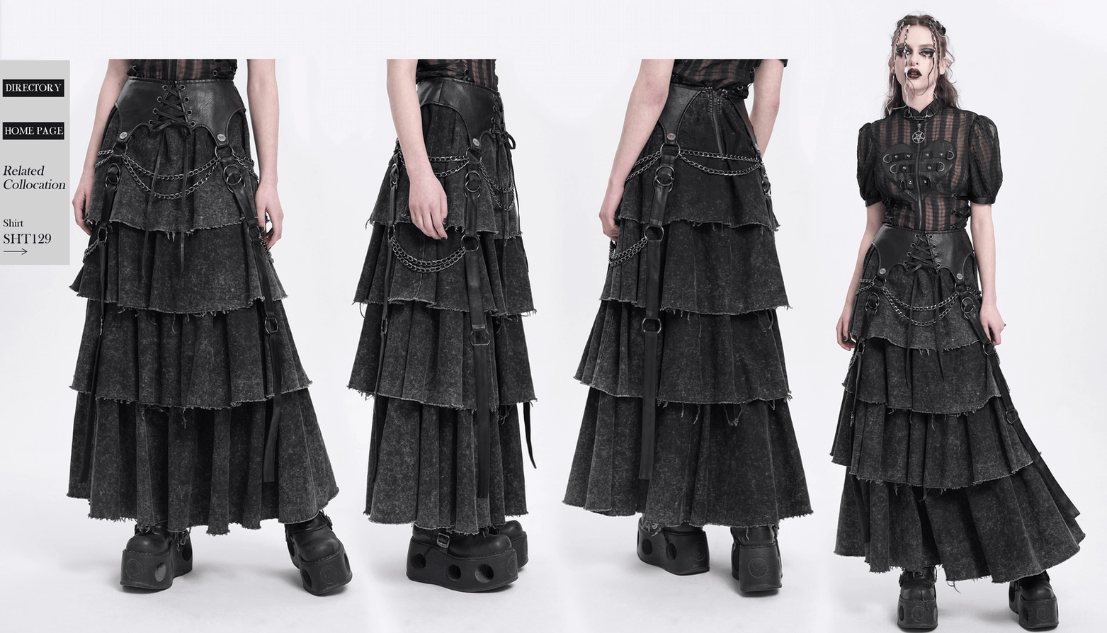 Black gothic maxi skirt full body styling shot displaying how the layered design moves and drapes with chains