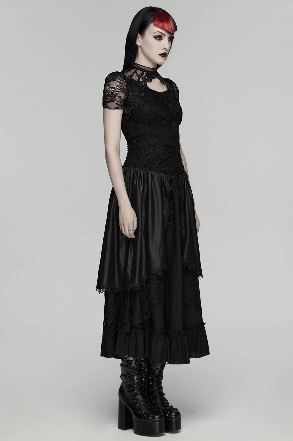 Black gothic high waist layered maxi skirt full length front view on model styling