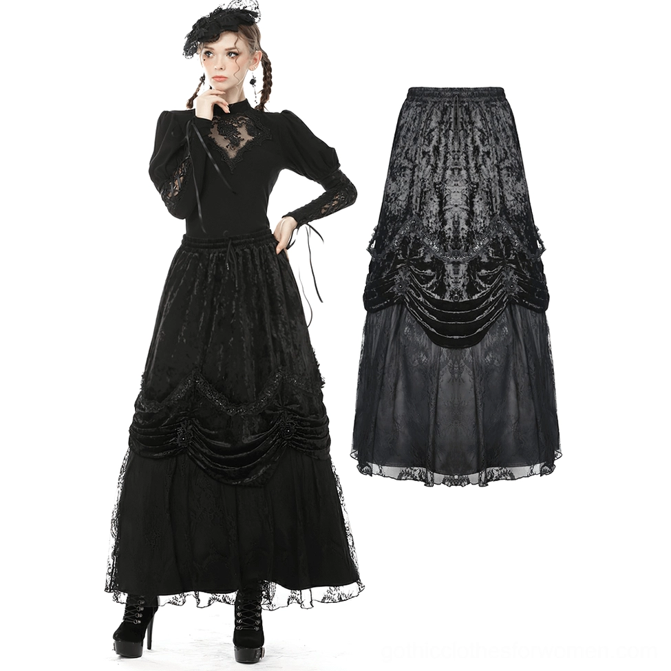 Black gothic maxi skirt full length silhouette with high waist drawstring and floor length design