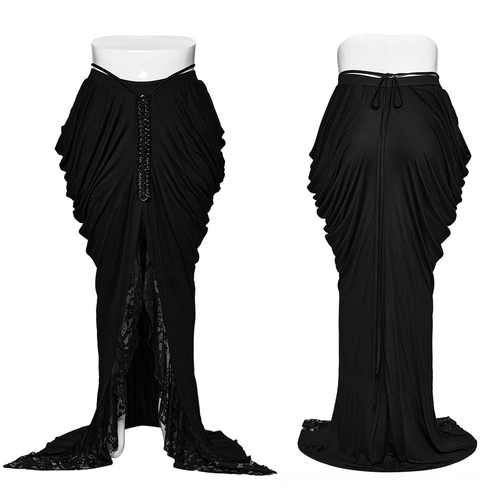Black gothic maxi skirt front and back full view on display mannequins with chain and lace details