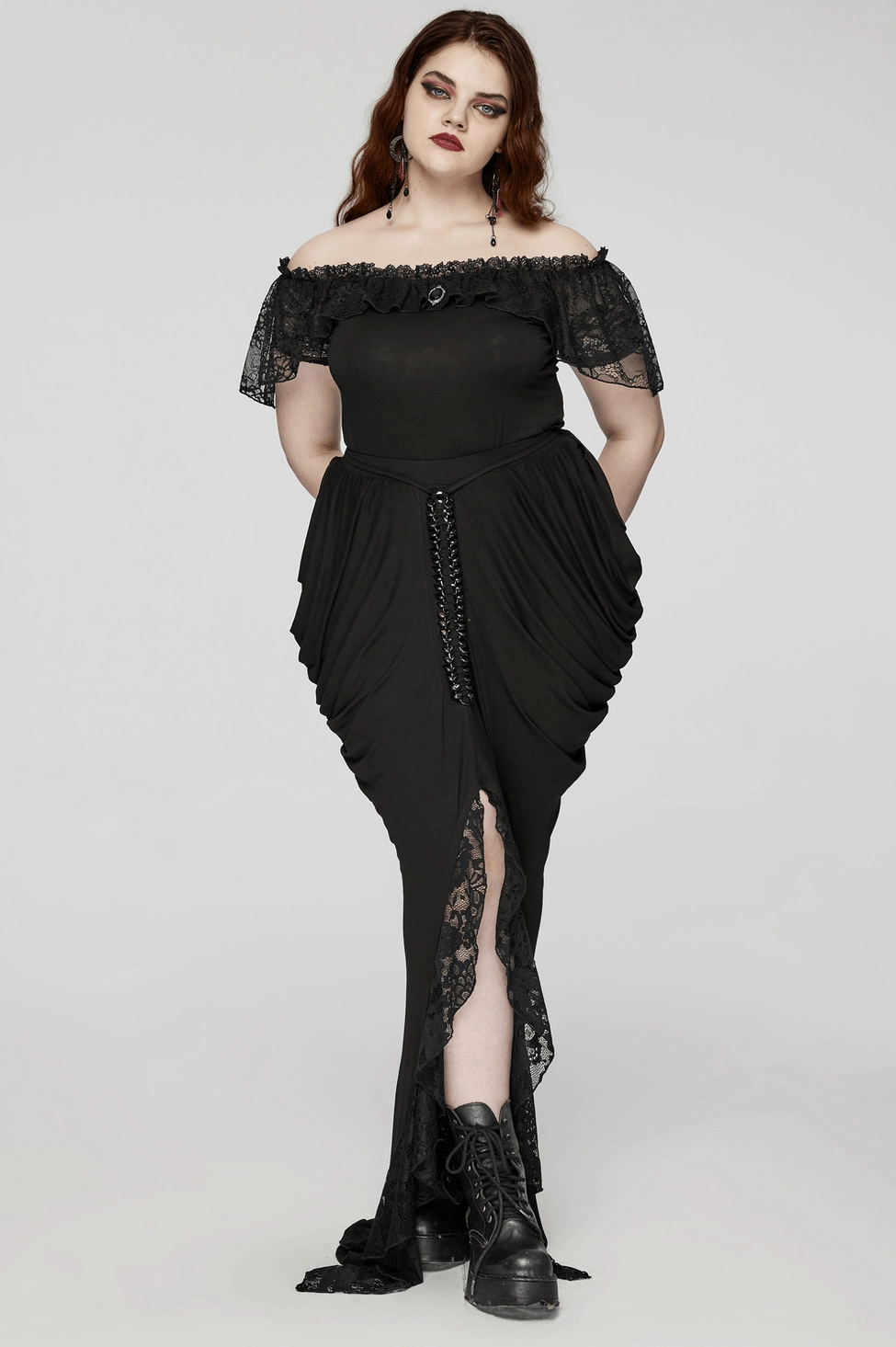 Black gothic floor-length skirt hemline and draping with lace trim detail