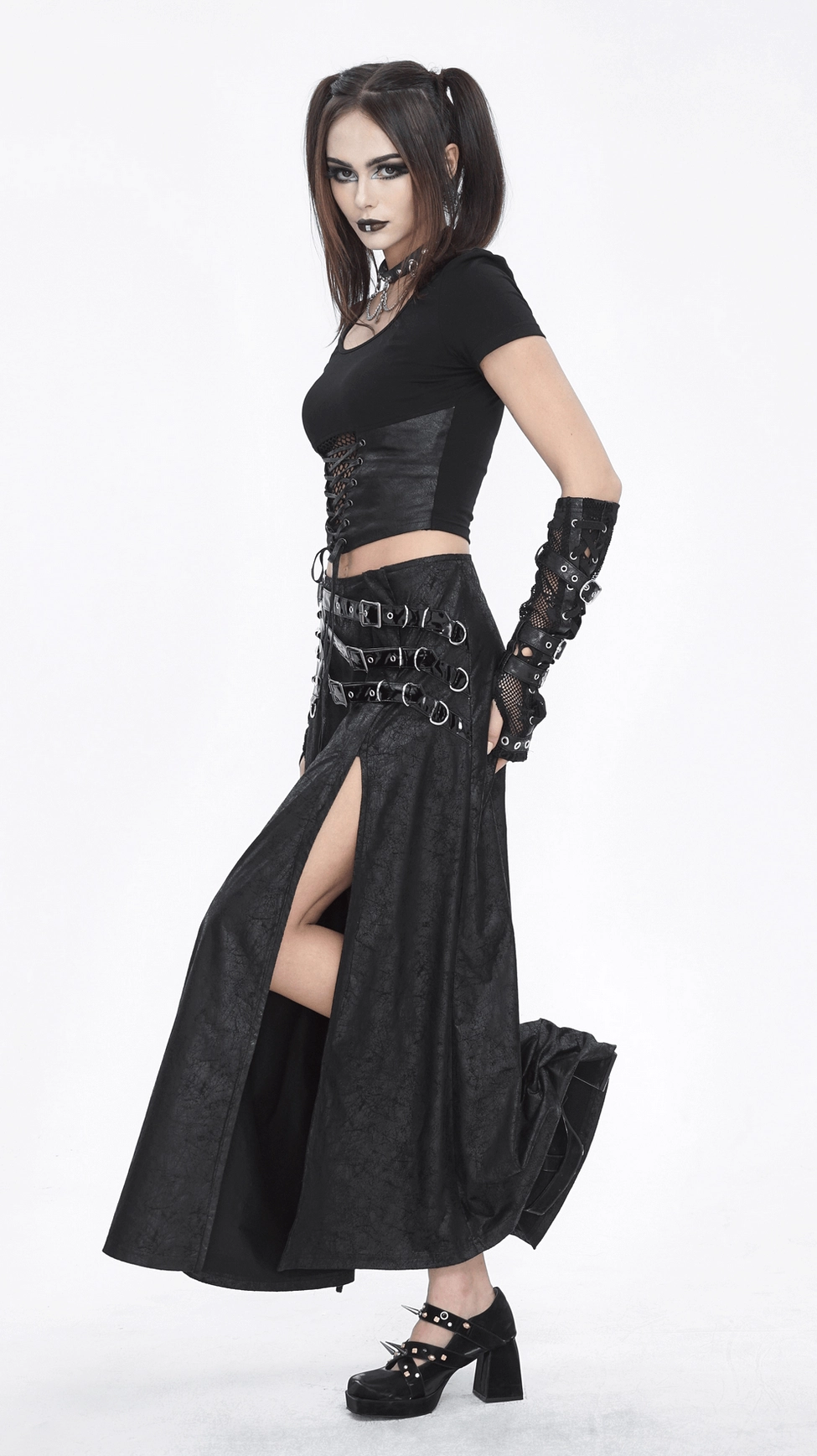 Black gothic faux leather maxi skirt full-body styling image emphasizing the high-waisted silhouette and versatile buckled design for alternative fashion