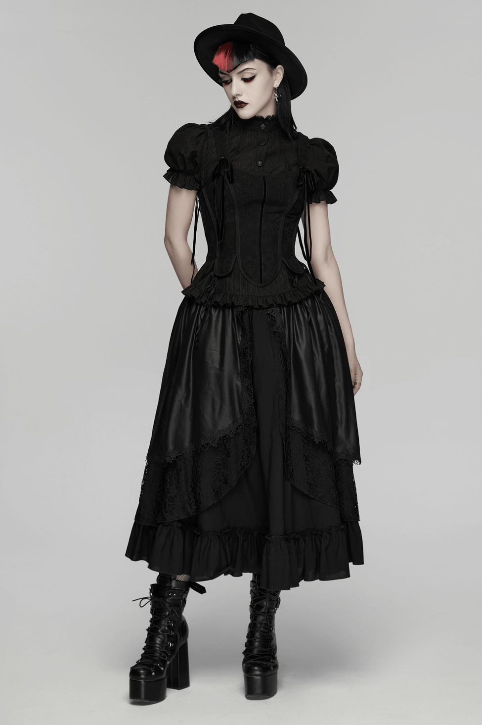 Black gothic maxi skirt layered lace and chiffon overlay showing multi-fabric depth