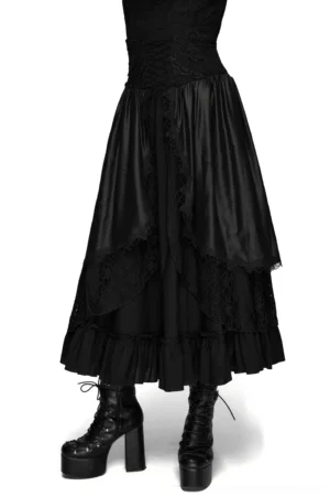 Black gothic high waist layered maxi skirt with lace trim front full view on model with platform boots