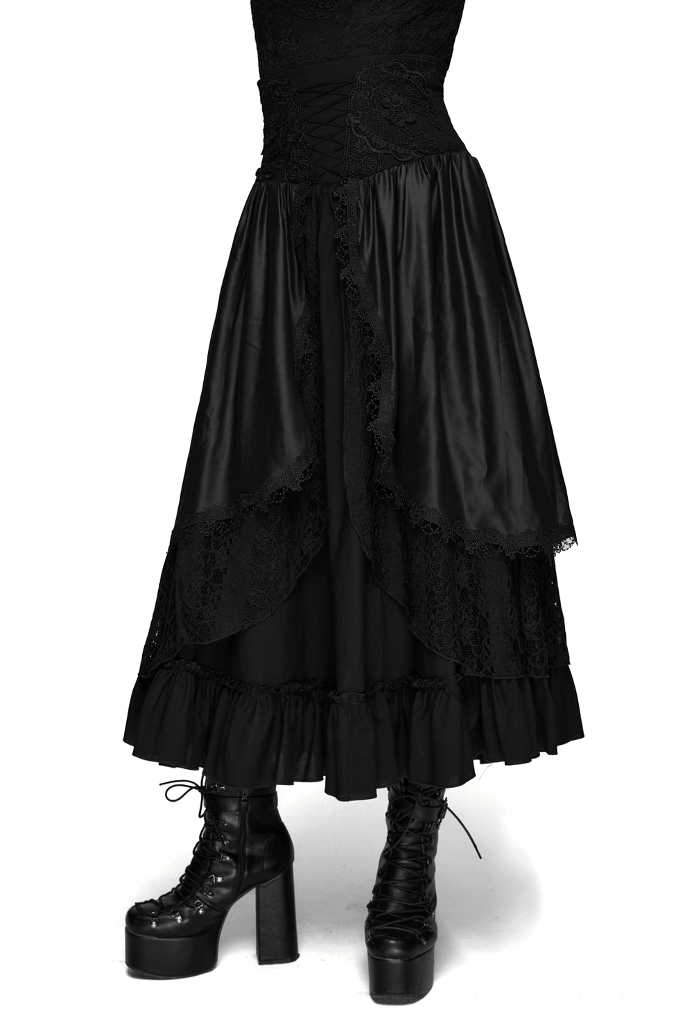 Black gothic high waist layered maxi skirt with lace trim front full view on model with platform boots