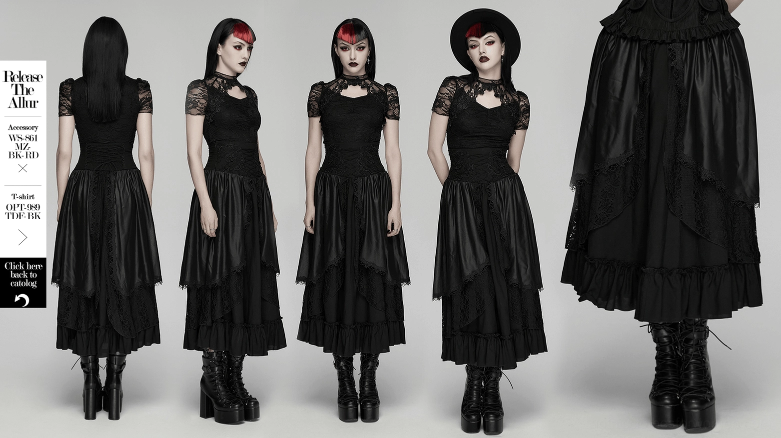 Black gothic maxi skirt lace panel and appliqué detail with Victorian gothic aesthetic
