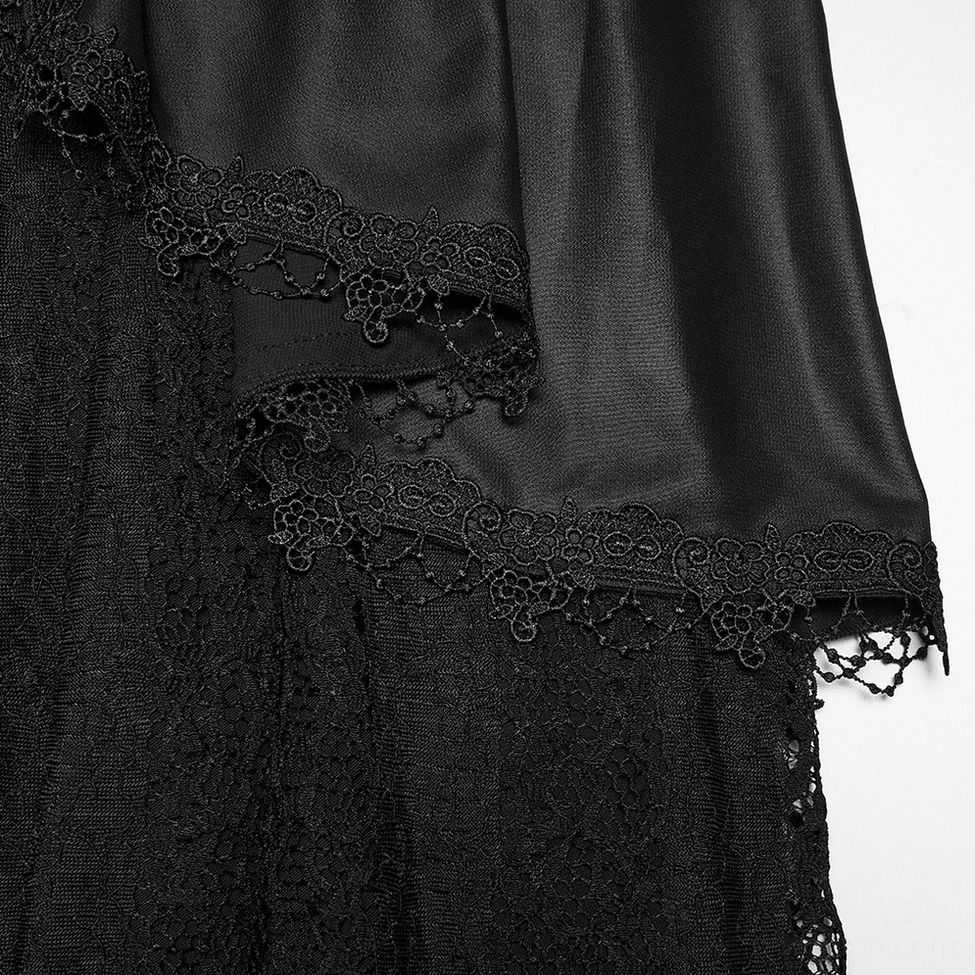 Black gothic maxi skirt fabric detail showing layered splicing with scalloped lace edge trim