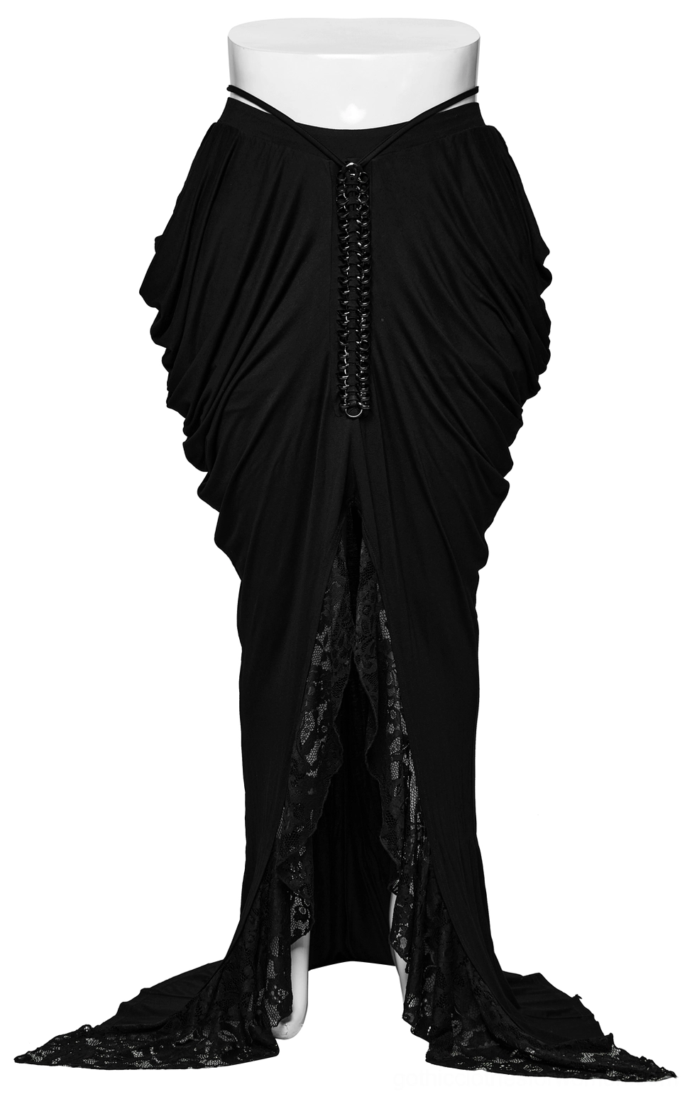 Black gothic floor-length skirt front view on mannequin featuring chain lace-up and pleated design
