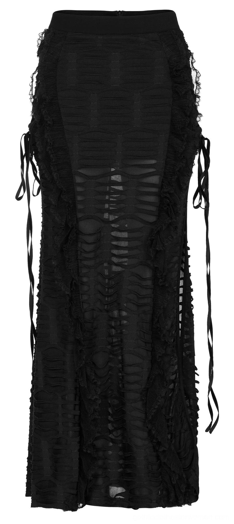 Black gothic maxi skirt flat lay showing distressed mesh fabric and ruffled side edge trim details