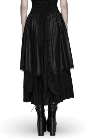 Black gothic maxi skirt rear view showing multi-layered ruffled hem and corset waist detail
