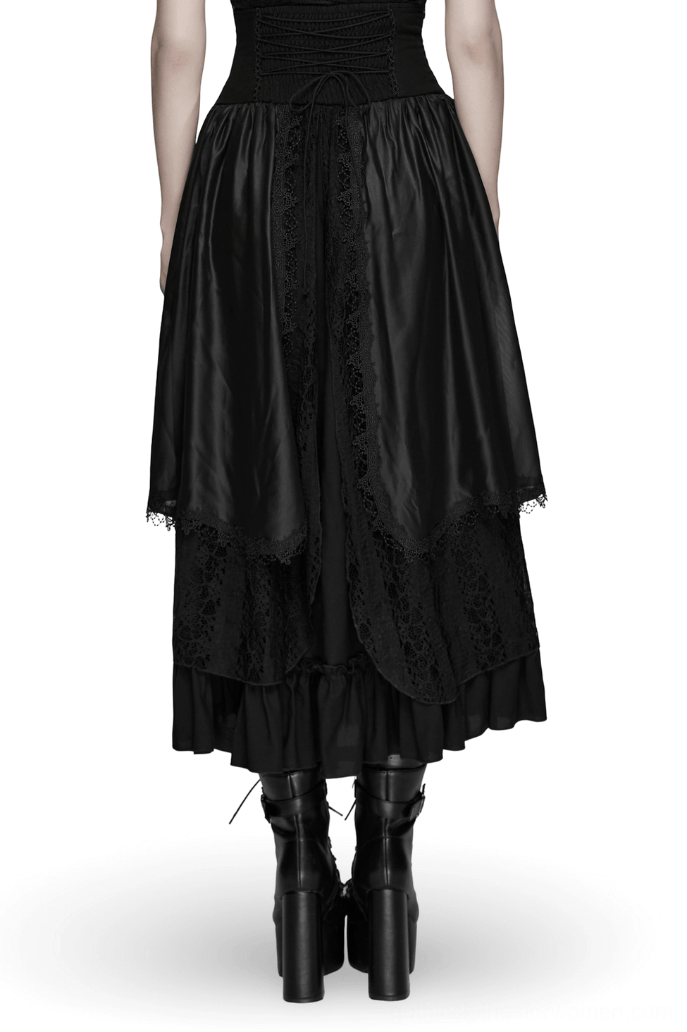 Black gothic maxi skirt rear view showing multi-layered ruffled hem and corset waist detail