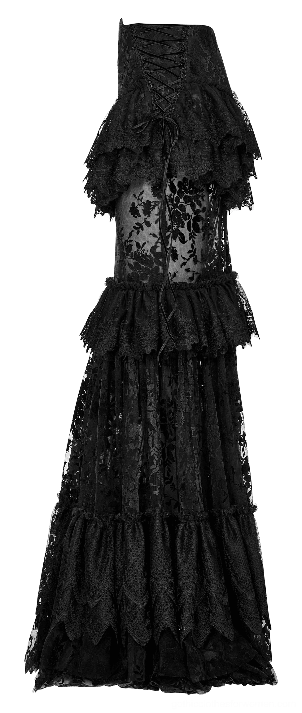 Black gothic maxi skirt side back view on mannequin featuring ruched ruffle top, velvet side lacing, and tiered transparent design