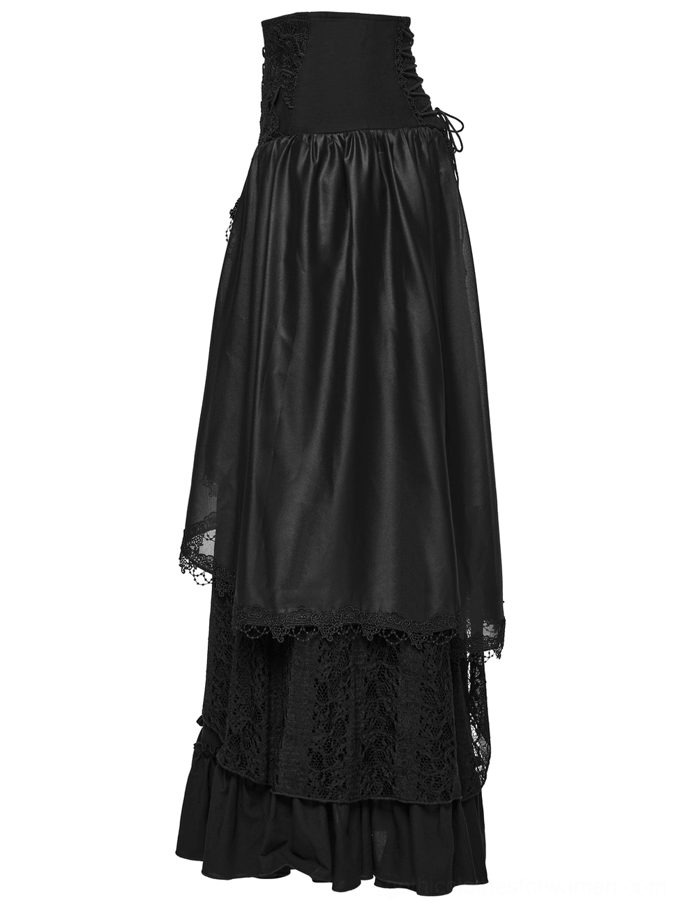 Black gothic maxi skirt side rear view flat lay showing side lace-up detail and multi-layer construction