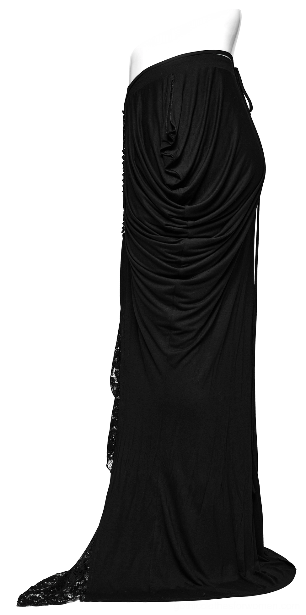 Black gothic maxi skirt side profile showing draped stretch fabric and floor-length hem with lace split
