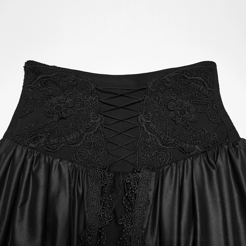 Close-up detail of black gothic maxi skirt crisscross lace-up waist with floral lace appliqué
