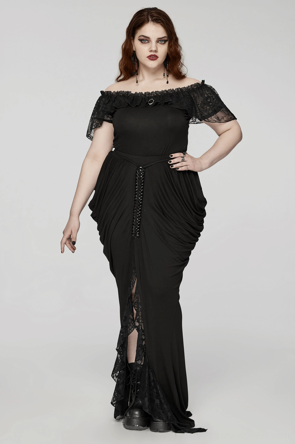 Black gothic floor-length maxi skirt with pleated hip and chain lace design worn styling