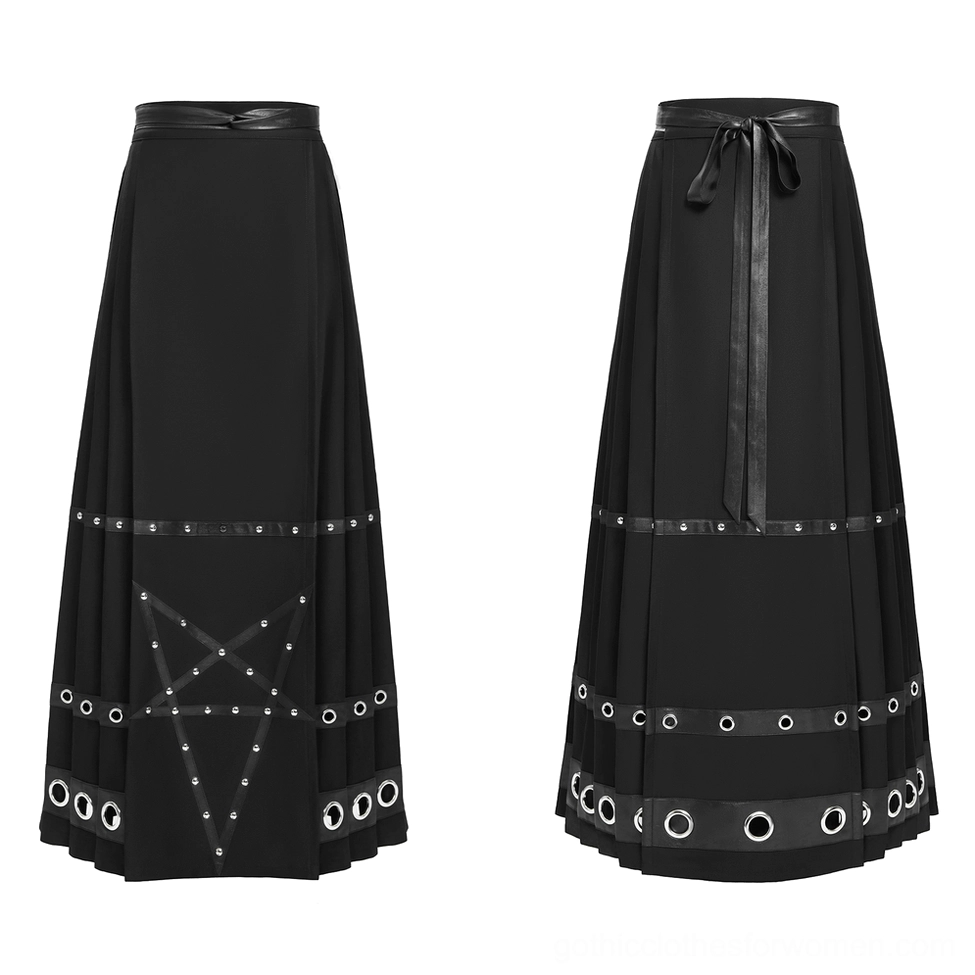 Two black gothic maxi skirts comparison, one with pentagram strap design and one with grommet embellishments displayed flat