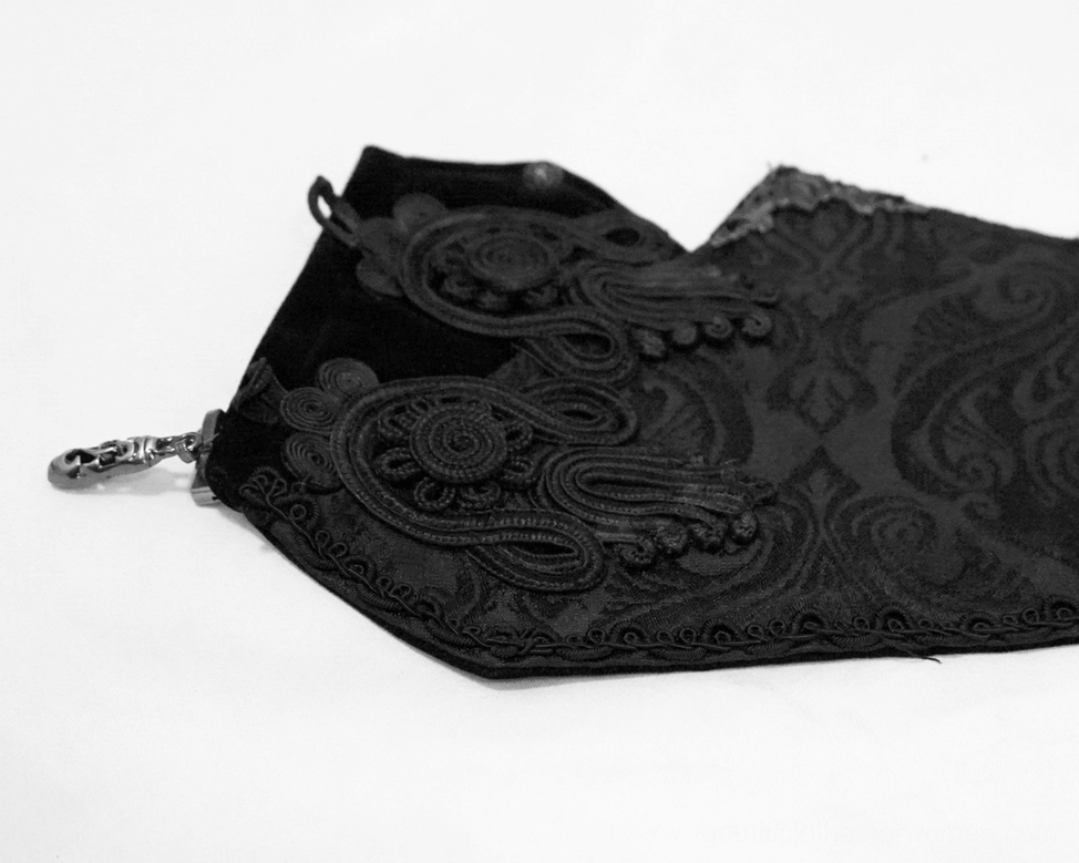 Detailed product image of black gothic mens corset belt with visible brocade embroidery and lace-up system
