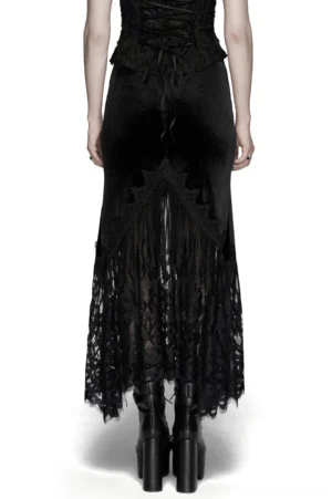Black gothic mermaid maxi skirt back view showing lace tassel hem and hidden zipper closure