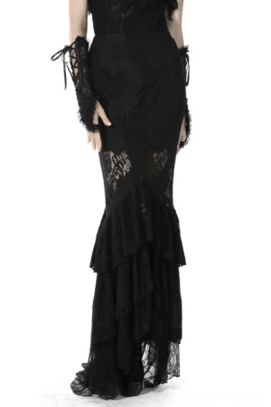 Black lace mermaid skirt with layered ruffle fishtail hem, front cropped view showcasing fitted silhouette and intricate floral lace details