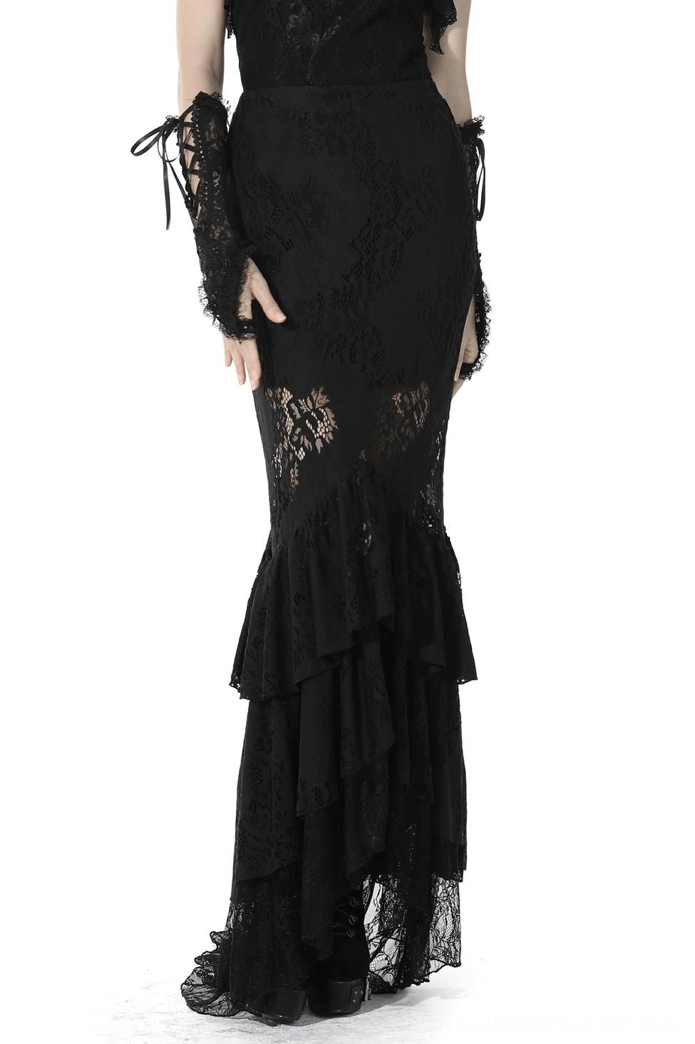 Black lace mermaid skirt with layered ruffle fishtail hem, front cropped view showcasing fitted silhouette and intricate floral lace details