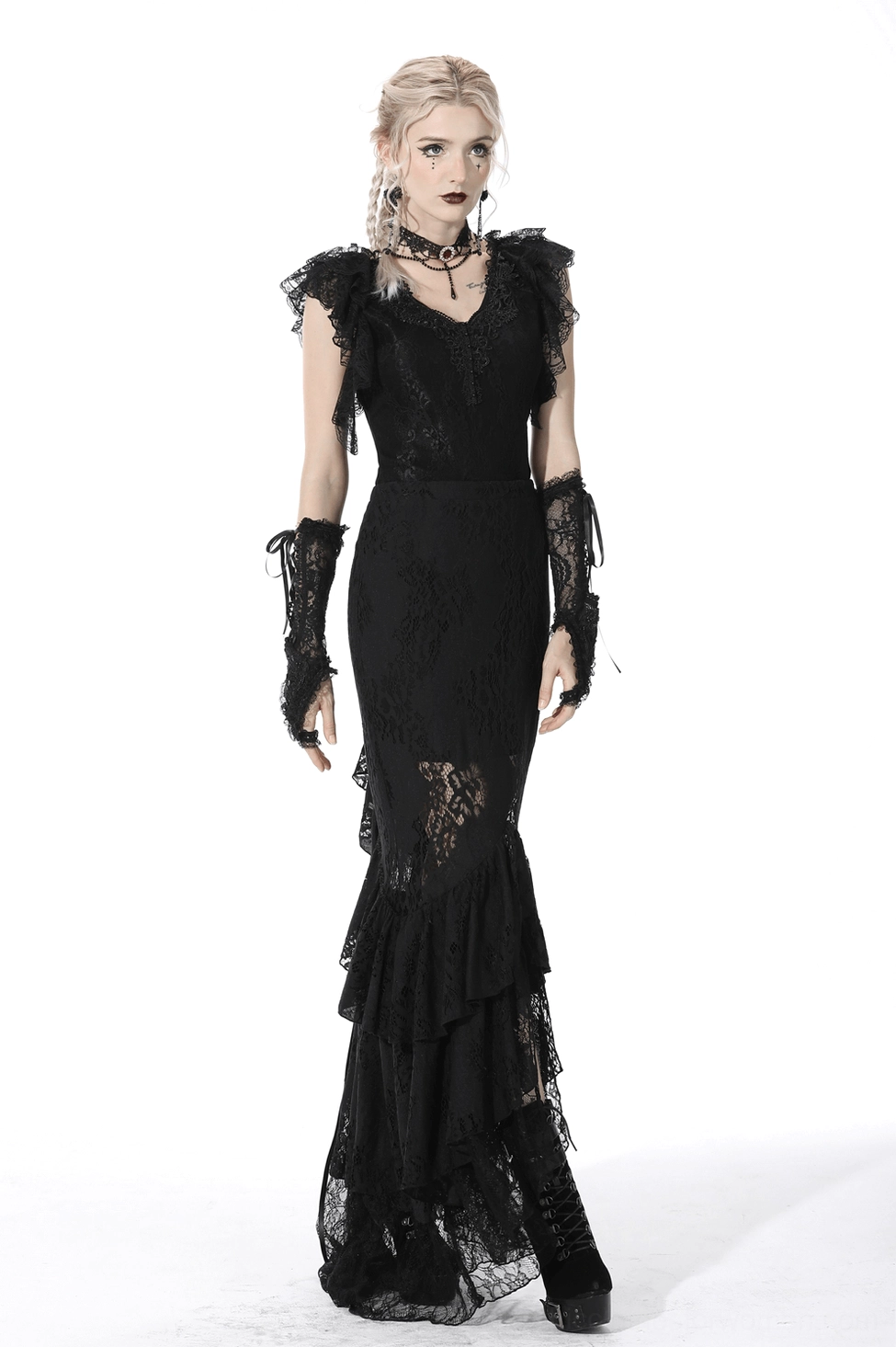 Black gothic lace mermaid skirt model wearing shot displaying complete silhouette and ruffle hem movement