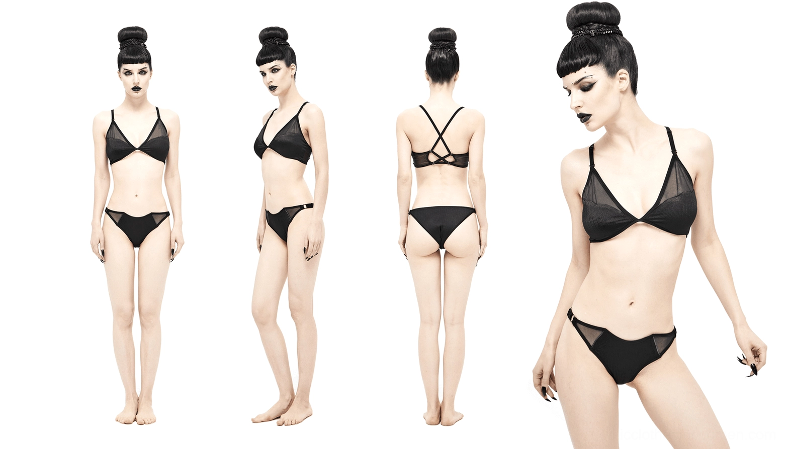 Black gothic mesh bikini set - mannequin display showing overall aesthetic and design cohesion of two-piece swimwear