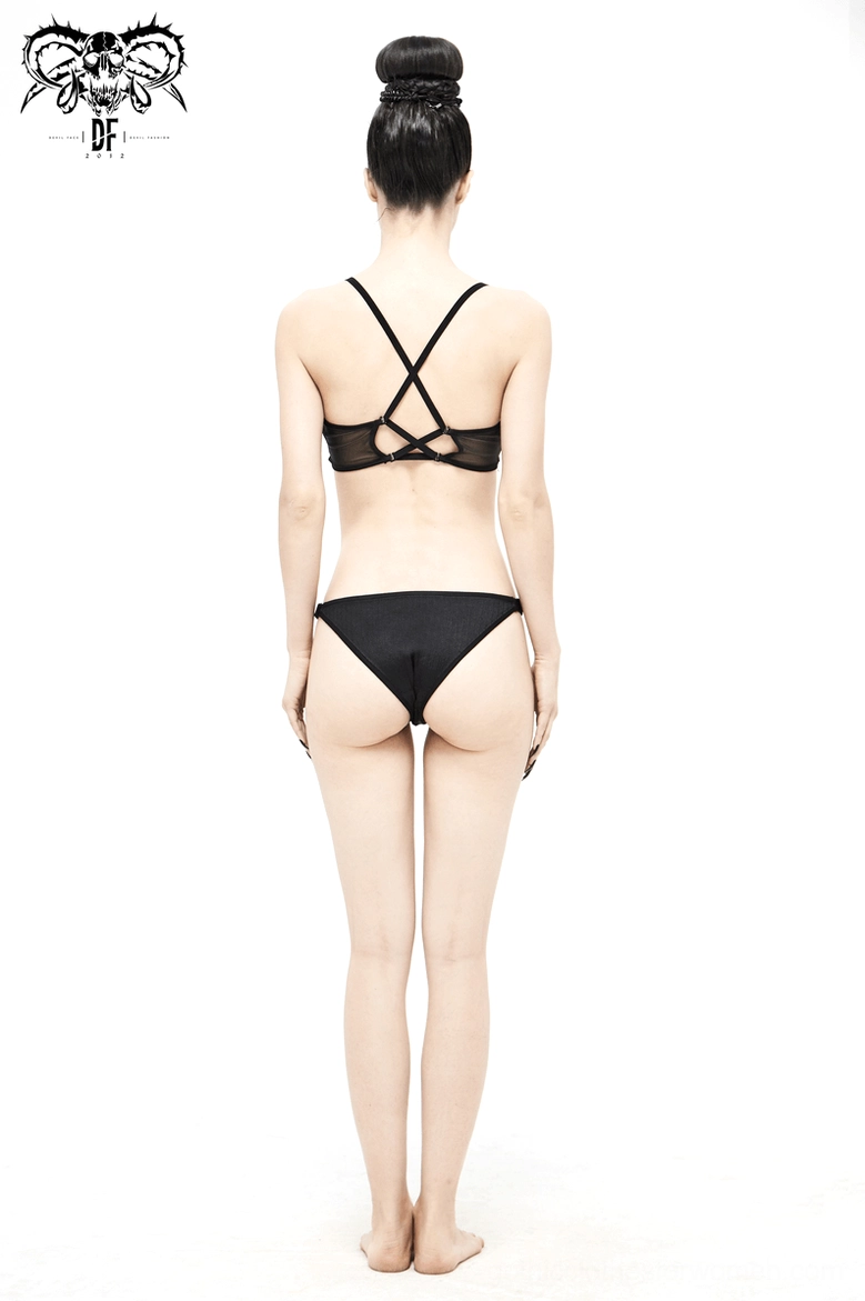 Black gothic mesh bikini - rear view detail of crisscross adjustable back strap architecture and construction quality