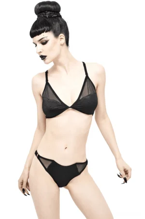 Black gothic mesh bikini set with bat-shaped front panel and adjustable crisscross back straps - front three-quarter view on female model