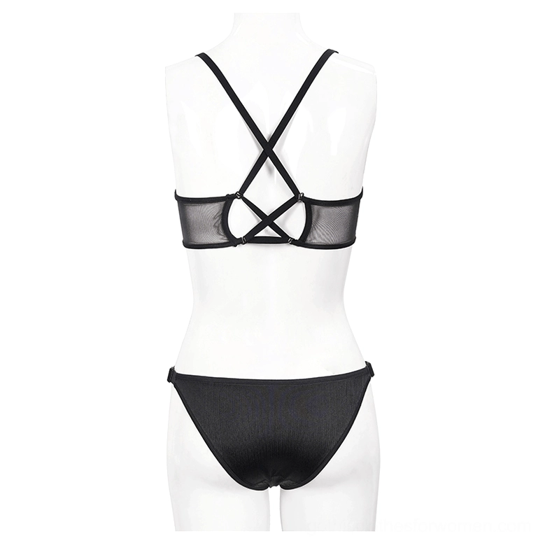 Black gothic mesh bikini set - rear mannequin view displaying crisscross back straps and sheer mesh panel design