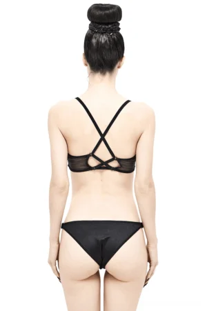 Black gothic mesh two-piece swimsuit with crisscross adjustable back straps - rear full view showing architectural strap design
