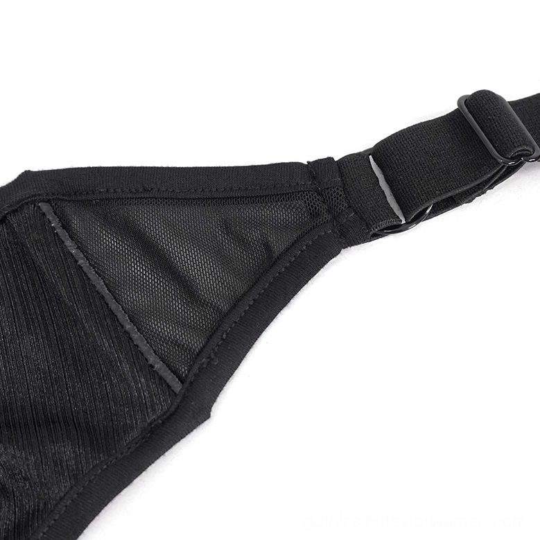 Black gothic mesh bikini bottom side view detail - elastic adjustable strap with metal hardware buckle