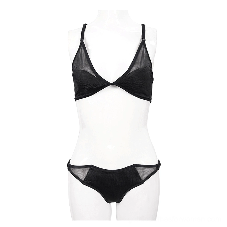 Black gothic mesh bikini set on display mannequin - front view showing mesh panel details and bat-shaped silhouette