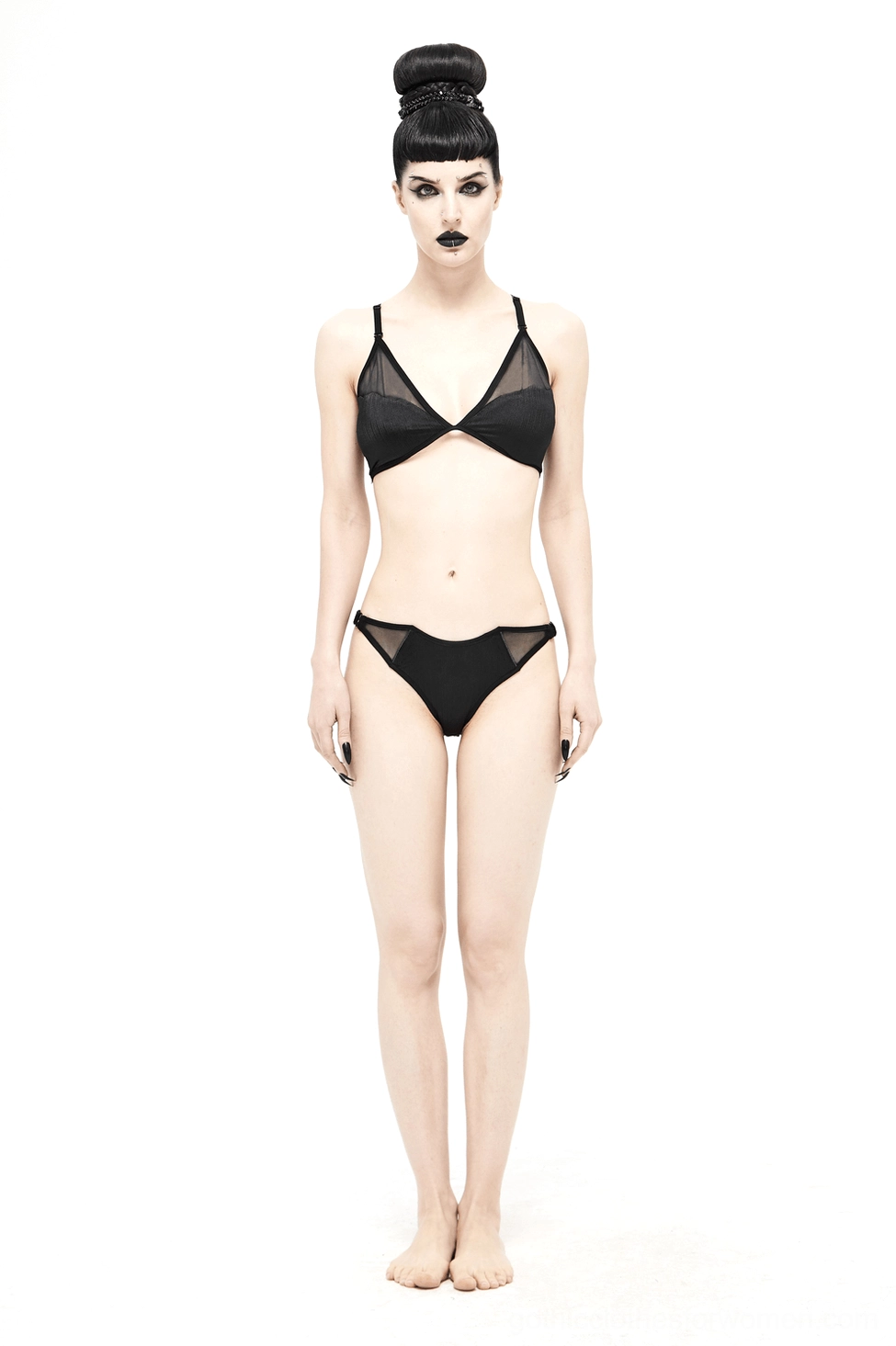 Black gothic mesh bikini set - full product view showcasing two-piece construction and adjustable strap features