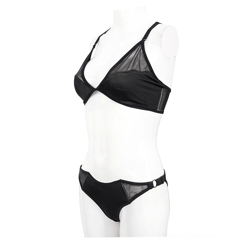 Black gothic mesh bikini displayed on mannequin - side three-quarter angle showing adjustable side buckle hardware