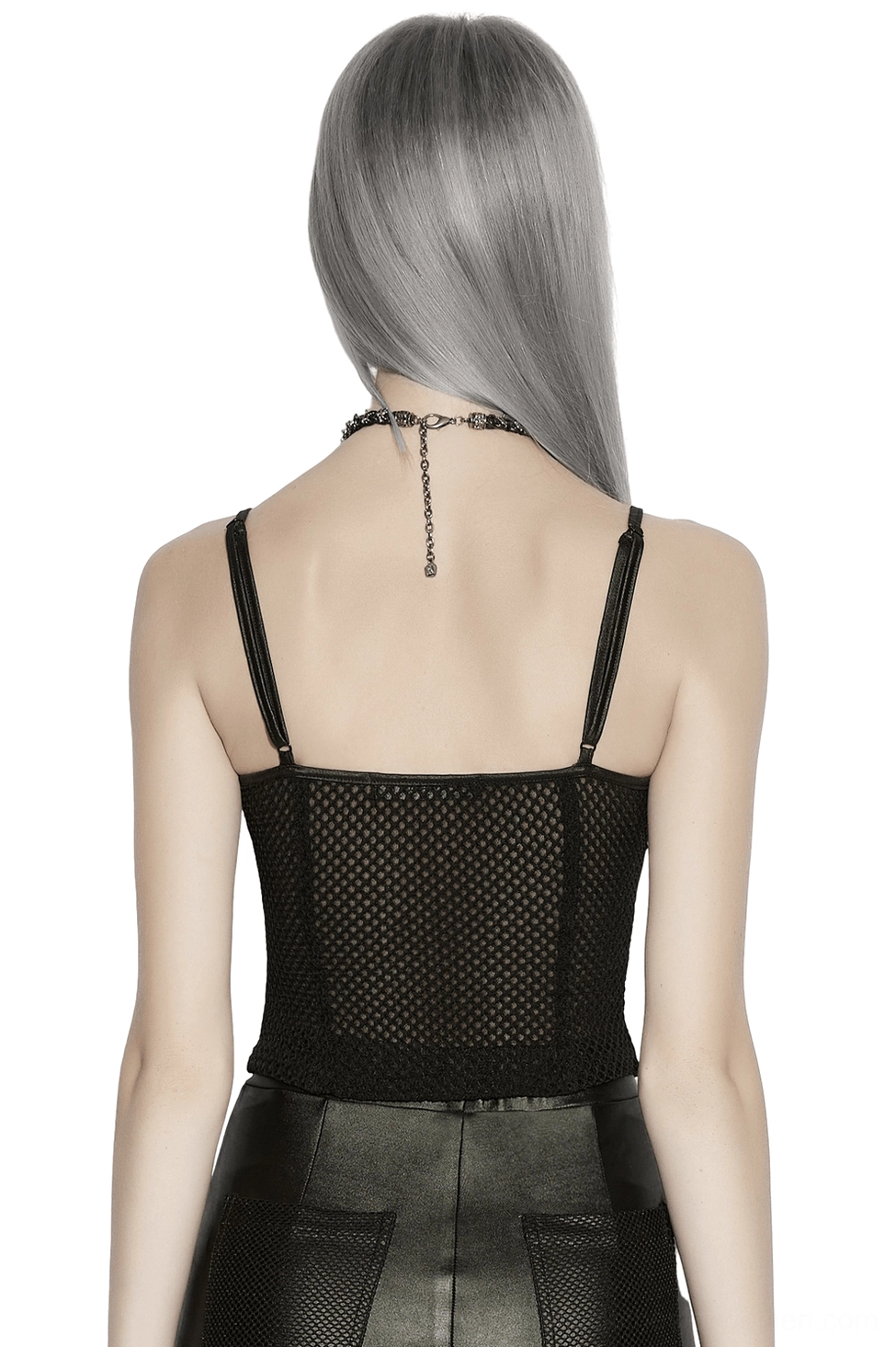 Black gothic camisole with mesh back panel and faux leather detailing, back full-body view showing transparent mesh design