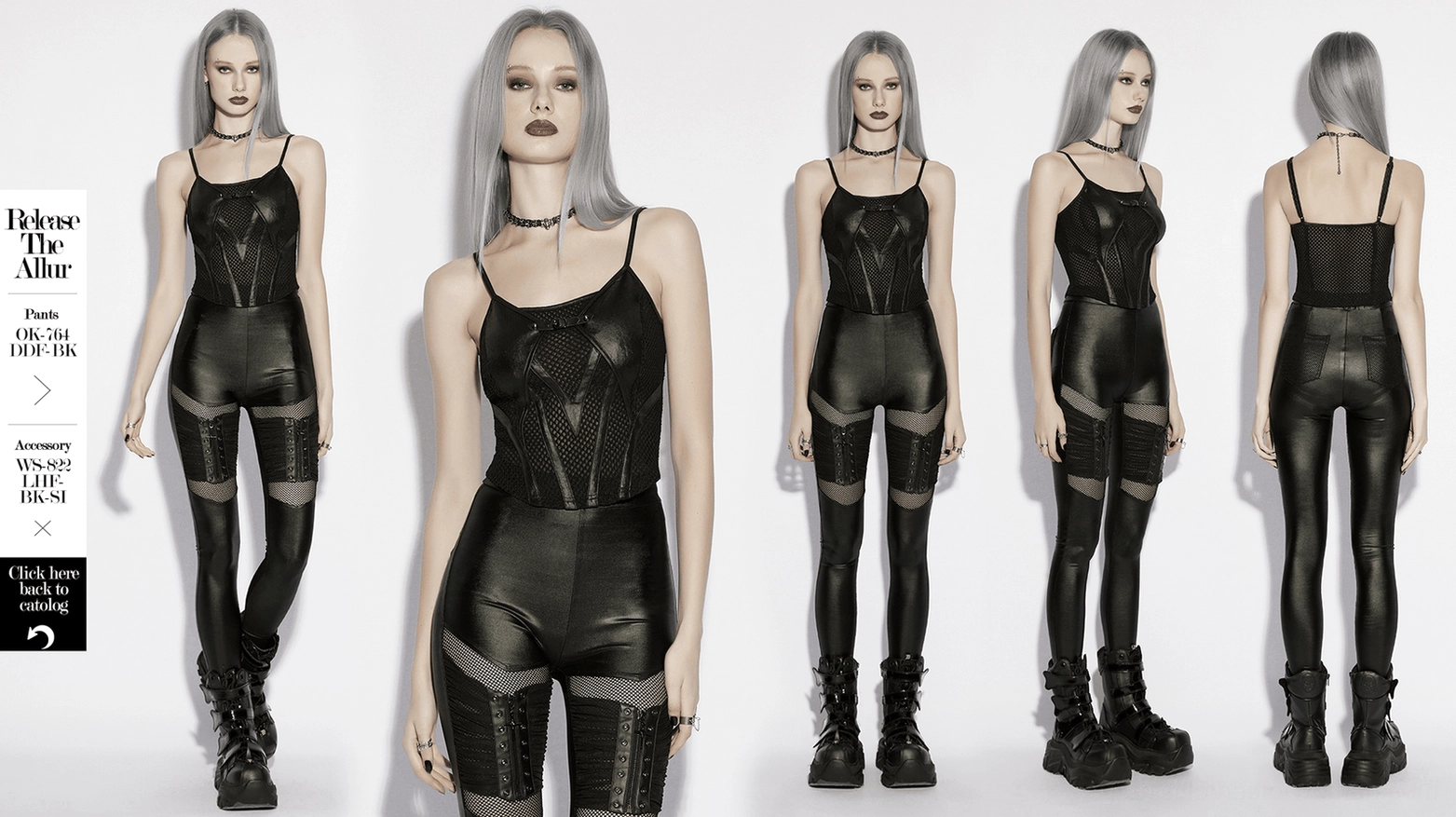 Black gothic camisole alternative product view showing mesh transparency and faux leather detail construction quality
