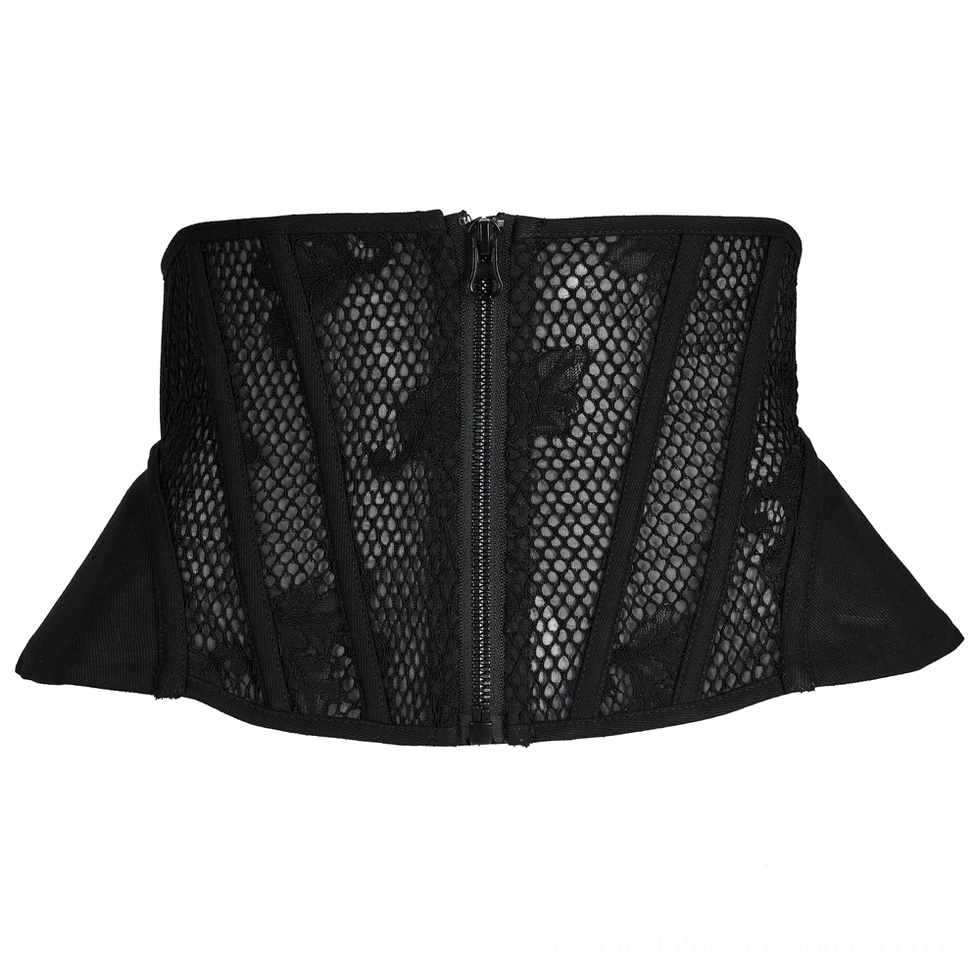 Front flat lay view of black gothic mesh cincher corset with smooth zipper closure, peplum hem detail, and decorative embroidered mesh panels