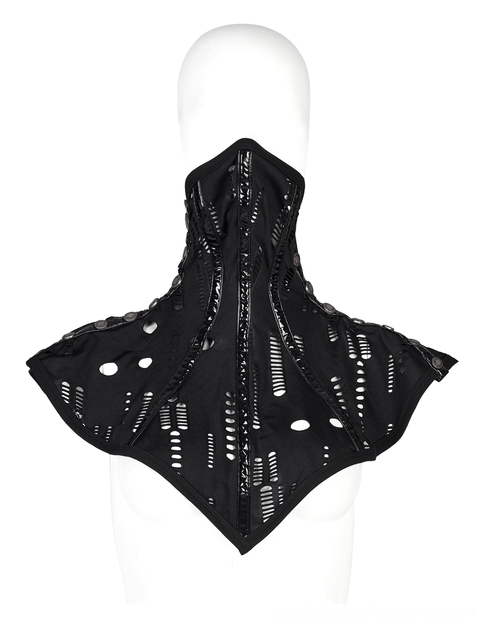 Black mesh gothic collar with central front zipper and deconstructed cutout patterns on display form