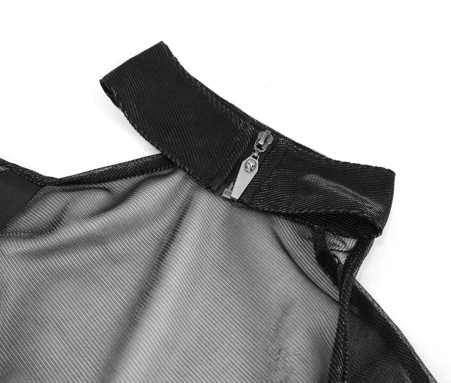 Black gothic one-shoulder mesh crop top on mannequin showing fitted silhouette and asymmetrical cut design