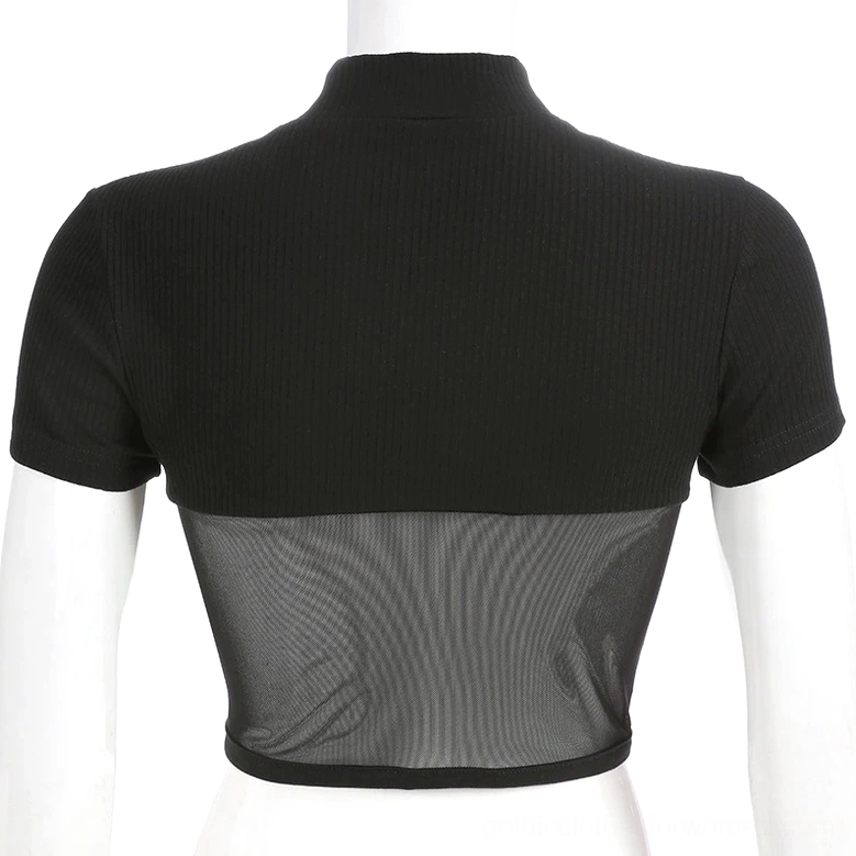 Black gothic mesh crop top back view showing sheer mesh panel design