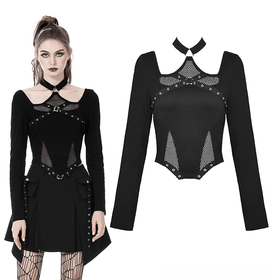 Black gothic mesh crop top flat lay, choker neckline with metal grommets, fishnet panels front view