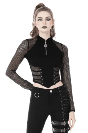 Black gothic mesh crop top with metal zipper front view on model, long fishnet sleeves and corset waist cutouts