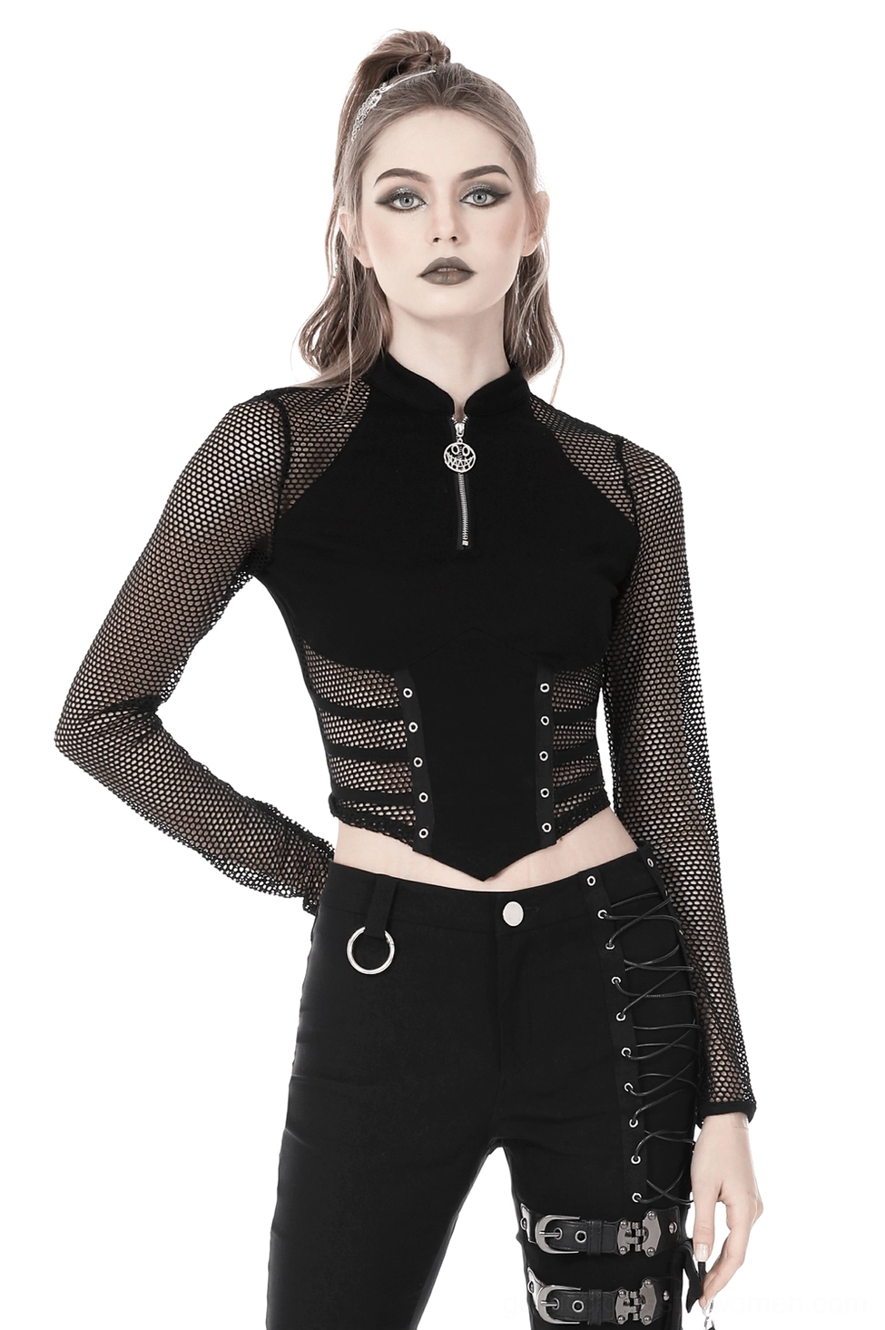 Black gothic mesh crop top with metal zipper front view on model, long fishnet sleeves and corset waist cutouts